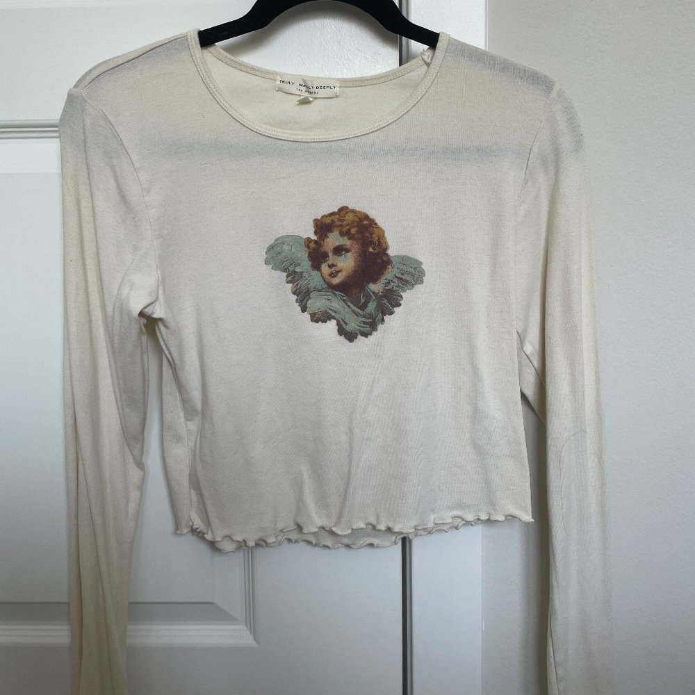 Cream Cropped Long Sleeve Angel Tee